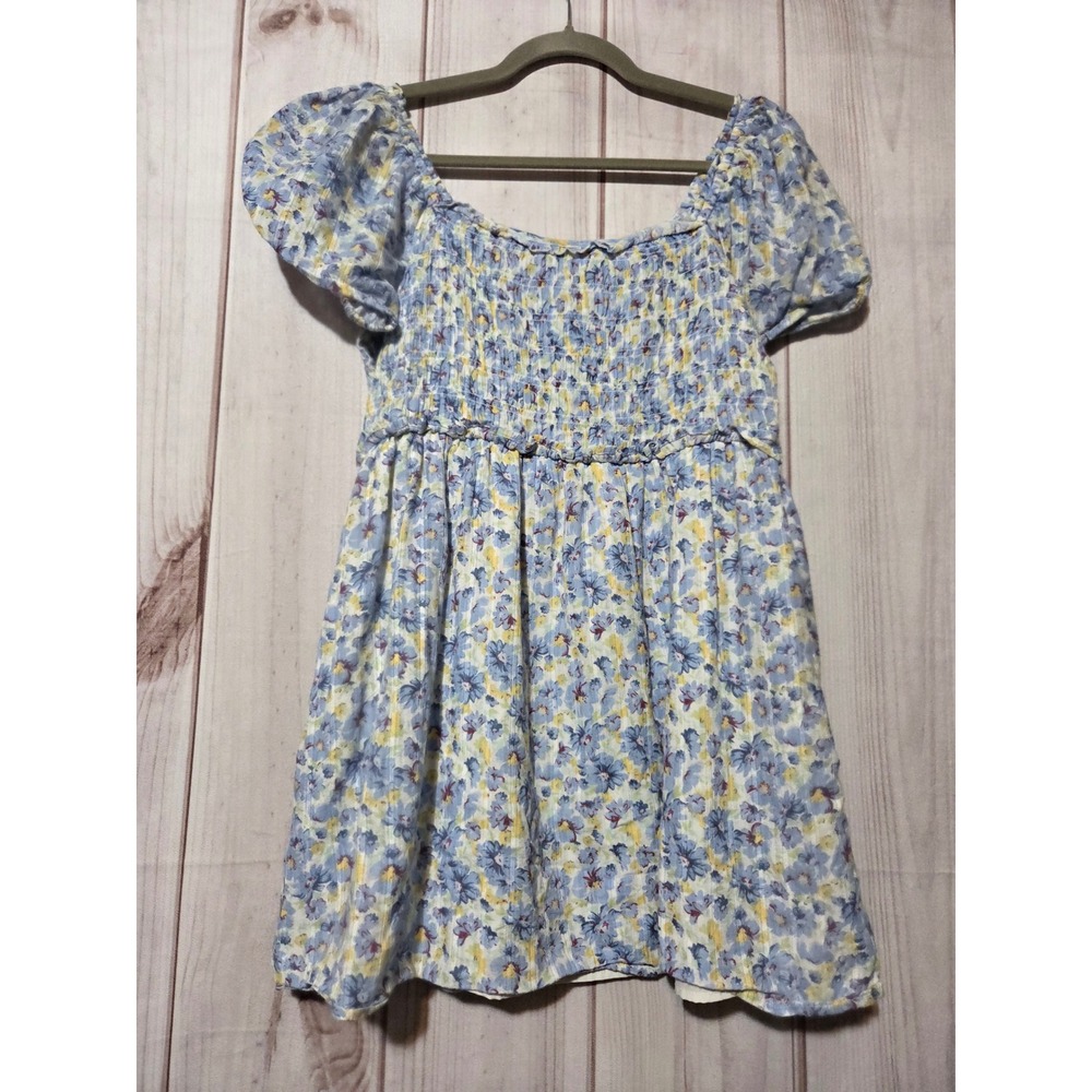 American Eagle Floral‎ Smocked Mini Dress Blue Yellow Puff Sleeve Pockets Medium